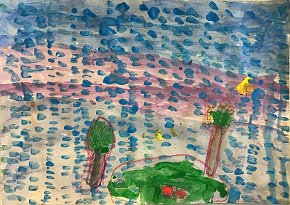 Abukar, age 8, Rainforest Rains, A3 watercolour, tempera paint and oil pastels on paper, Gillespie Primary School in London, UK