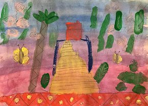 Aila Bawtree, age 8, The Cermony of the Red Snake, A3 watercolour, tempera paint and oil pastels on paper, Gillespie Primary School in London, UK