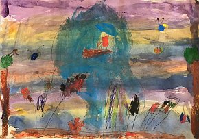 Alfie Martin, age 7, The Sunset Snake, A3 watercolour, tempera paint and oil pastels on paper, Gillespie Primary School in London, UK