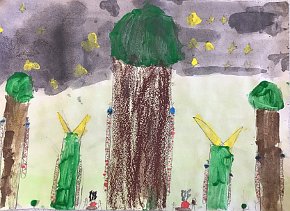 Arin Chaudhury, age 8, The Great Elder Tree, A3 watercolour, tempera paint and oil pastels on paper, Gillespie Primary School in London, UK