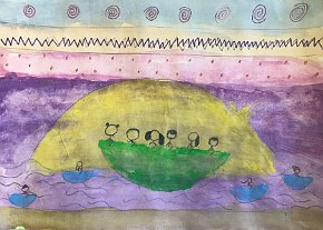 Ayobami, age 7, Sunset River, A3 watercolour, tempera paint and oil pastels on paper, Gillespie Primary School in London, UK
