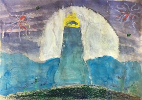 Chui Yian, age 8, The moon of the Spirit, A3 watercolour, tempera paint and oil pastels on paper, Gillespie Primary School in London, UK