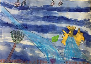 Daisy, age 8, The Water Spirit, A3 watercolour, tempera paint and oil pastels on paper, Gillespie Primary School in London, UK