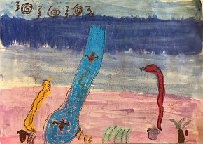 Edith Eneberg Macdonald, age 8, Snakes of the Sky, A3 watercolour, tempera paint and oil pastels on paper, Gillespie Primary School in London, UK