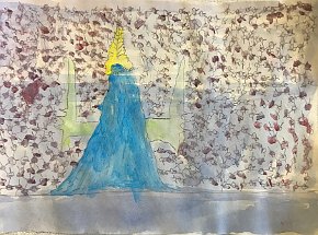 Fred Handscombe, age 7, The Water Spirit Rises, A3 watercolour, tempera paint and oil pastels on paper, Gillespie Primary School in London, UK