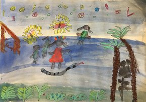 India, age 8, We are the warriors of the Rainforest, A3 watercolour, tempera paint and oil pastels on paper, Gillespie Primary School in London, UK