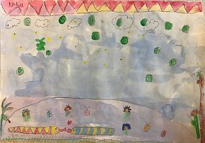 Isabel Altimira, age 7, The Romance Snakes, A3 watercolour, tempera paint and oil pastels on paper, Gillespie Primary School in London, UK