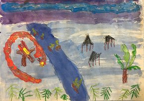 Jasper Maling, age 8, The Village of the Rainforest, A3 watercolour, tempera paint and oil pastels on paper, Gillespie Primary School in London, UK