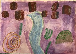 Juliet Padfield, age 8, Twilight in the Amazon, A3 watercolour, tempera paint and oil pastels on paper, Gillespie Primary School in London, UK