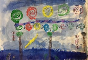 Leah Rabbats, age 8, The Swirly Sky Serpent, A3 watercolour, tempera paint and oil pastels on paper, Gillespie Primary School in London, UK