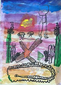 Leo Kamdar, age 8, The God of the Spirits, A3 watercolour, tempera paint and oil pastels on paper, Gillespie Primary School in London, UK