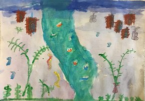 Margot, age 8, The Rainforest River, A3 watercolour, tempera paint and oil pastels on paper, Gillespie Primary School in London, UK