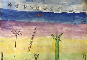 Molly, age 8, The butterfly of the Sky, A3 watercolour, tempera paint and oil pastels on paper, Gillespie Primary School in London, UK