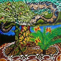 The Sky Snake Ashuinka and Ground Snake Runua - Painting by Nixiwaka Yawanawá. 24 x 24 inches acrylic on canvas