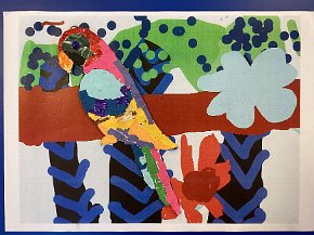 Evelyn Terris age 7 Trythall school Cornwall UK, parrot in the Amazon, ipad drawn background and collage parrot