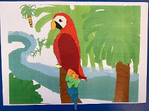 Flora Winters age 7 Trythall school, Cornwall Uk, parrot in the Amazon, ipad drawn background and collage parrot