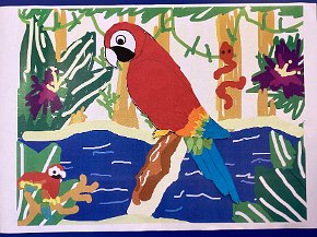 Indie Rose Cooper, age 7, Trythall school, Cornwall parrot down by the river in the Amazon, ipad drawn background and collage parrot