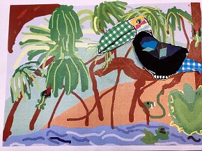 Milly Reynolds, age 7 Trythall school, Cornwall, Toucan in the Amazon, ipad drawn background collage bird