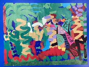 Rory Lanyon, age 6 Trythall school, Cornwall, Parrot of the Amazon, ipad drawn background and collage pRROT.