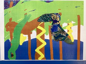 Toby Brookes-Clark age 6 Trythall school Cornwall, Toucan by the river, ipad drawn background and collage toucan