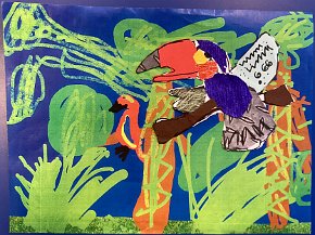 Albert Merritt age 7, Trythall school, Cornwall, Toucan in the rainforest, ipad drawn background and collage toucan