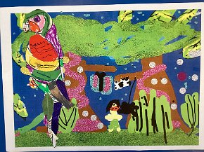 Hebe Burch, age 7, Trythall school Cornwall, night time celebration in the Amazon, ipad drawn background, collage parrot