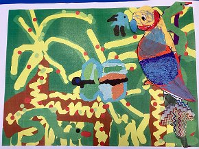 James Roberts age 8 , Trythall school Cornwall UK, parrot in the Amazon, ipad drawn background and collage bird