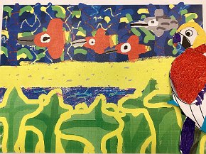 River Mc Bride age 7 Trythall school Cornwall, Parrot in the Amazon, Ipad drawn background and collage bird.