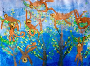 Tobi Josey, Orangutans in their nests at dusk, A3 watercolour, Wiltshire, UK