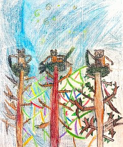 Sewerin-Jozwiak-6-Borneo-Orangutans-A4-colour-pencils-on-canvas-Southwold-primary-school-london-UK