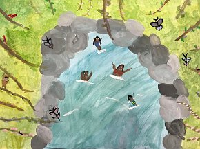 Mathilda-Linford-Age-10-Boxgrove-C-of-E-Primary-School-Chichester-UK-u201cCrystal-pool-of-the-jungleu201d-A3-acrylic-on-paper