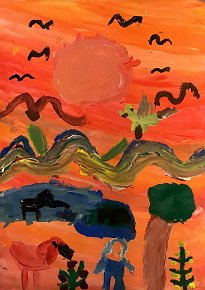 Daphne Leach Age 7 The Animal Sunset Paint on A2 Paper