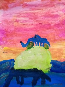 Phoebe age 7 Elephants drinking from the river at sunset A4 acrylic paint