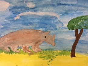 Jack Vitty, age 9, Northern White Rhino, A5 watercolour on card, St. Cuthbert's Catholic Primary School, Crook, UK