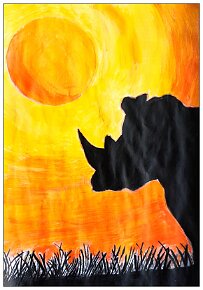 Karam Singh Dhillon, Age 12, Rhino Silhouette in the African Sunset, A4, Acrylic Paint, UK