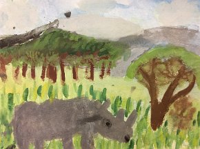 Jacob Constantine, age 9, Northern White Rhino, A5 watercolour on card, St. Cuthbert's Catholic Primary School, Crook, UK