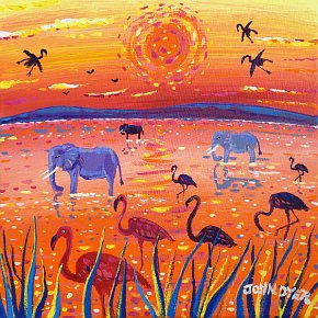 African Falmingo Sunset. 12x12 inches acrylic on canvas