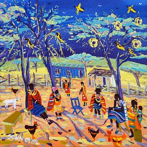 Chatting under the Acacia Trees, Maasai Boma. 12x12 inches acrylic on canvas