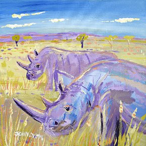 Mother and Daughter. Najin and Fatu, the last two Northern white Rhino. 18x18 inches acrylic on canvas