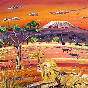 Sunset Lions, Kenya. Painting by John Dyer. 12 x 12 inches acrylic on canvas